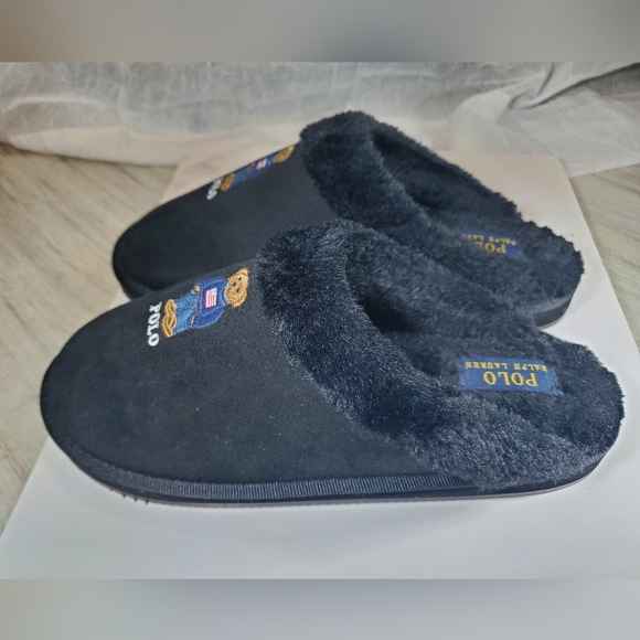 POLO Ralph Lauren Womens Black  Suede Leather American Flag Bear Slippers SZ 9.5 - Picture 4 of 11